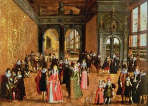 Interior de un palacio con damas y caballeros bailando y tocando música